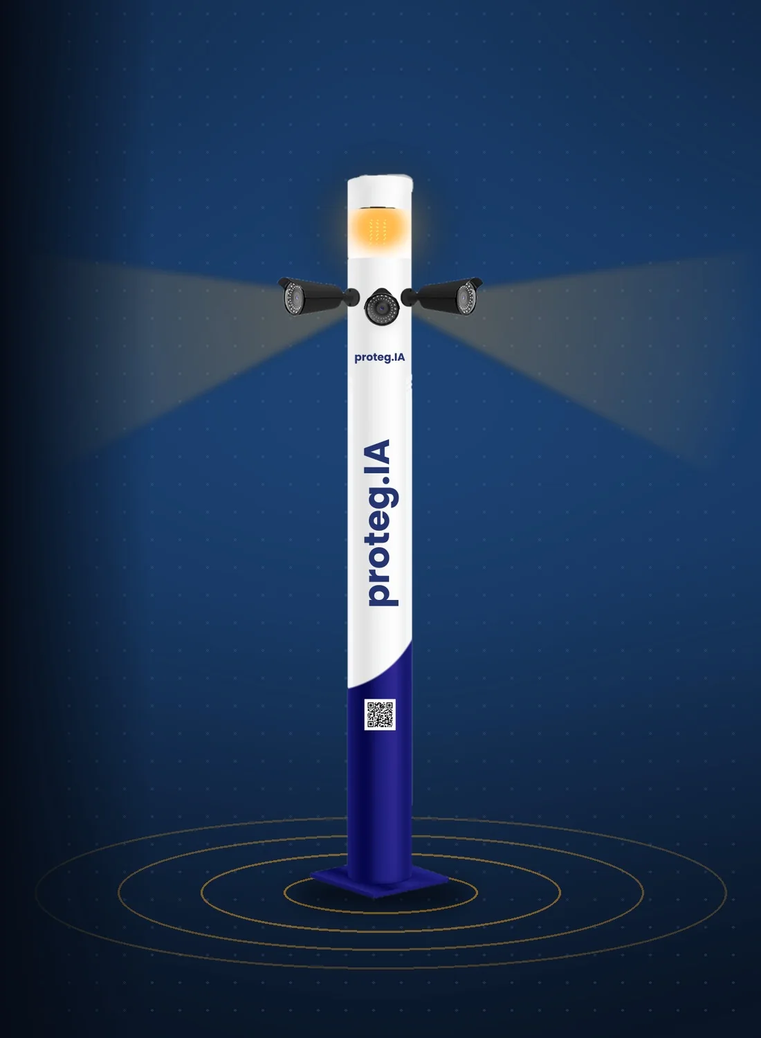 Totem Proteg.IA branco e azul com giroled aceso e três câmeras